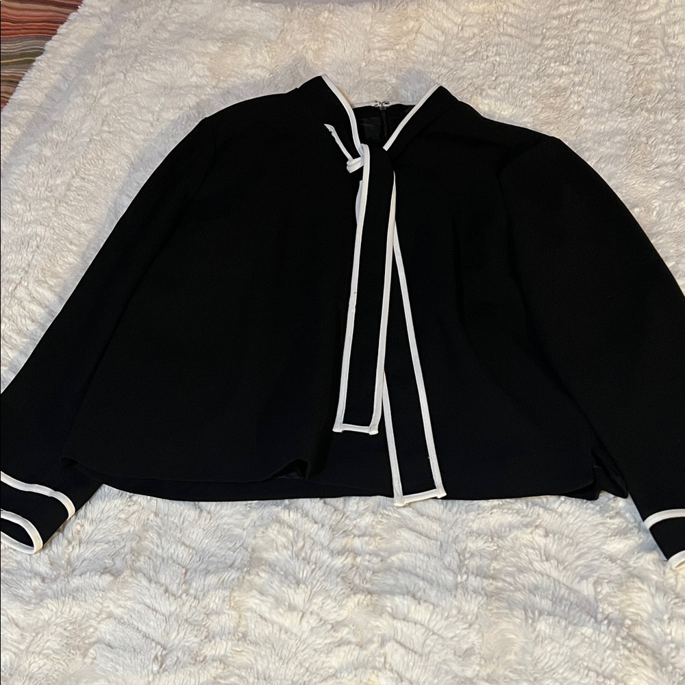 J. Crew Black Blouse with White Trim and bow at collar.
